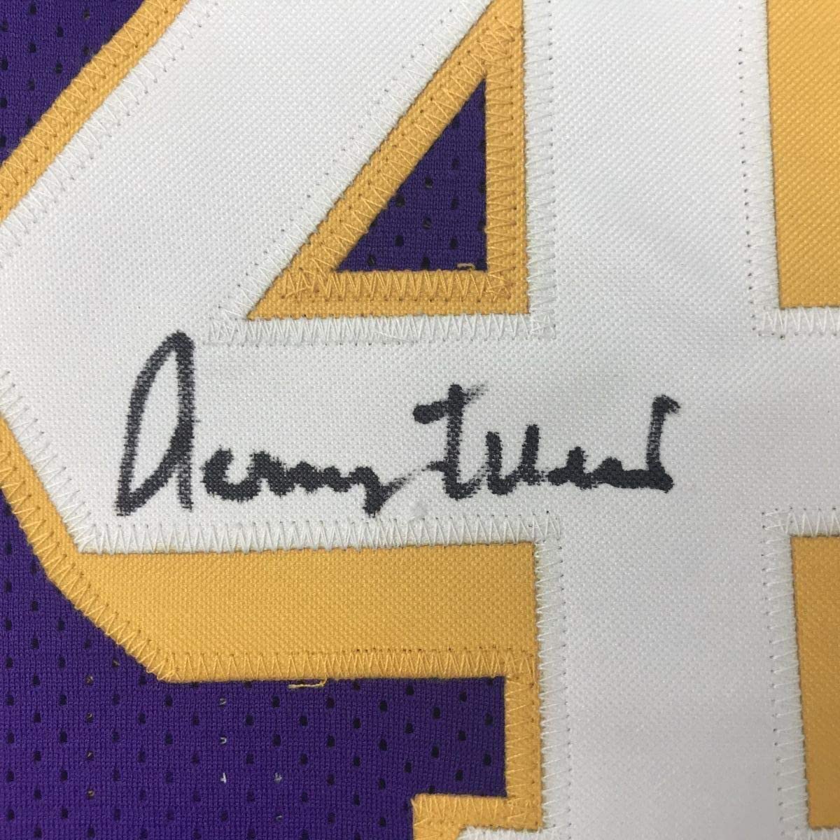Framed Autographed/Signed Jerry West 35x39 Los Angeles LA Purple Basketball Jersey JSA COA