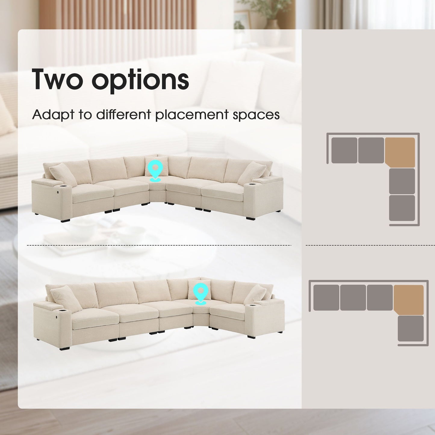 Convertible L Shaped Sectional Corner Couch With Armrest Storage Cup Holders USB Charger, Irregular Corner Oversized Comfy Modular Sofa