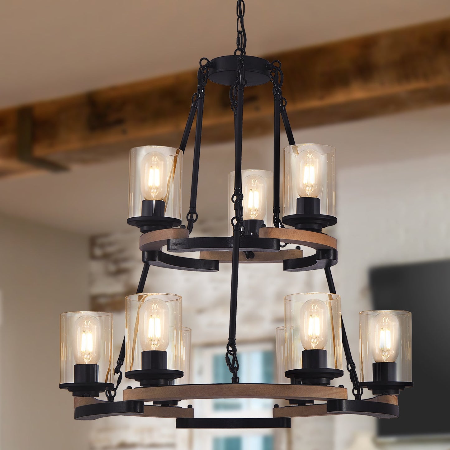 9-Light Vintage Wagon Wheel Chandelier