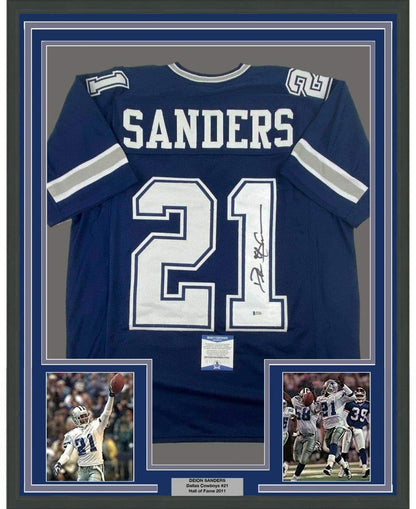 Framed Autographed/Signed Deion Sanders 35x39 Dallas Blue Football Jersey Beckett BAS COA