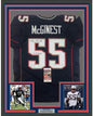 Framed Autographed/Signed Willie McGinest 3x SB Champ 35x39 New England Blue Football Jersey JSA COA