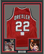 Framed Autographed/Signed Clyde Drexler 35x39 Portland Red Basketball Jersey PSA/DNA COA