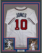 Framed Autographed/Signed Chipper Jones 35x39 Atlanta White Baseball Jersey JSA COA