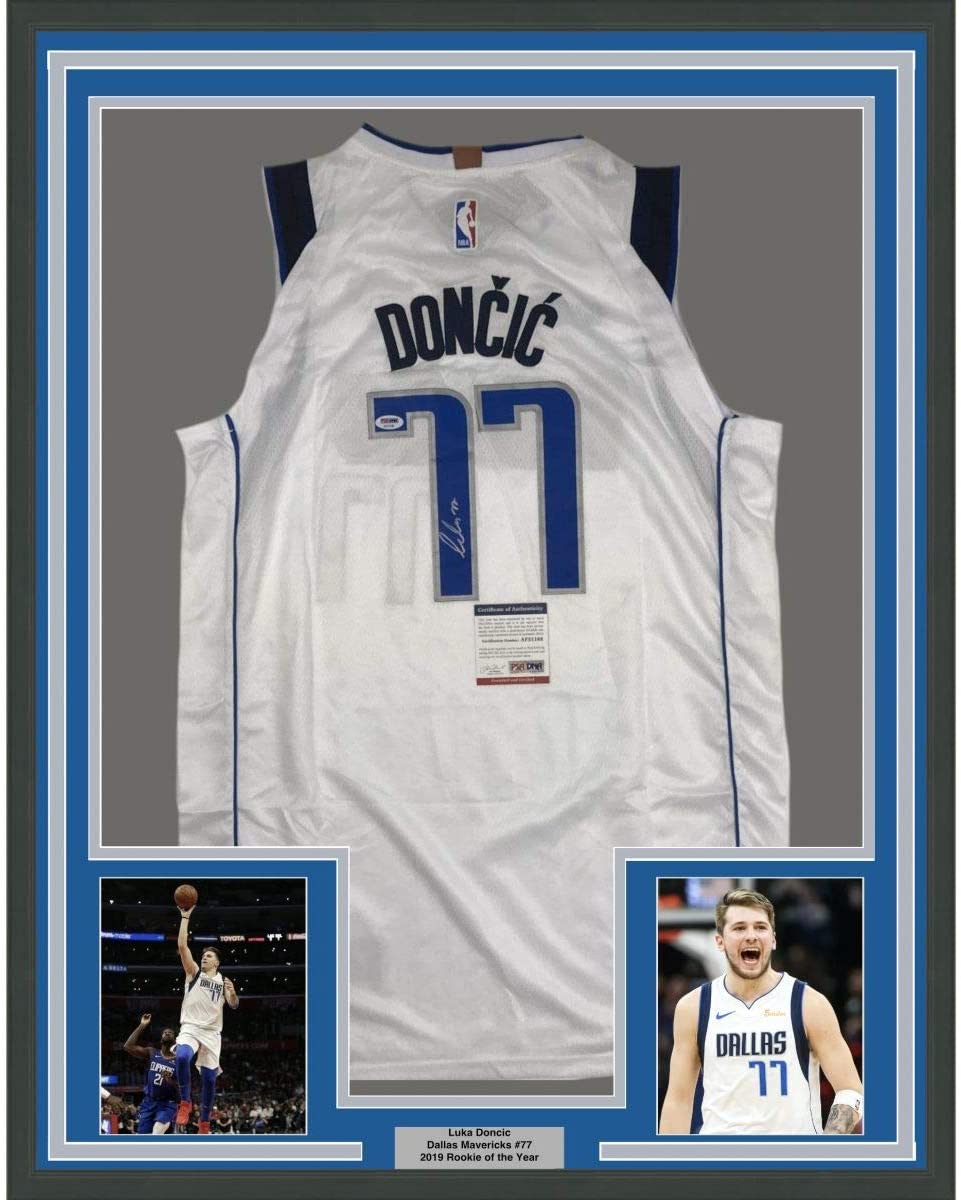 Framed Autographed/Signed Luka Doncic 35x39 Dallas White Basketball Jersey PSA/DNA COA
