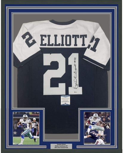 Framed Autographed/Signed Ezekiel Elliott 35x39 Dallas Thanksgiving Day Football Jersey Beckett BAS COA