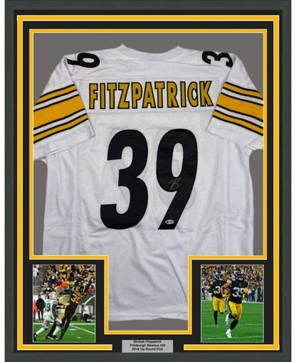Framed Autographed/Signed Minkah Fitzpatrick 35x39 Pittsburgh White Football Jersey Beckett BAS COA