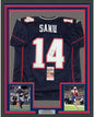 Framed Autographed/Signed Mohamed Sanu 35x39 New England Blue Football Jersey JSA COA