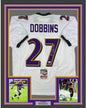 Framed Autographed/Signed JK J.K. Dobbins 35x39 Baltimore White Football Jersey JSA COA