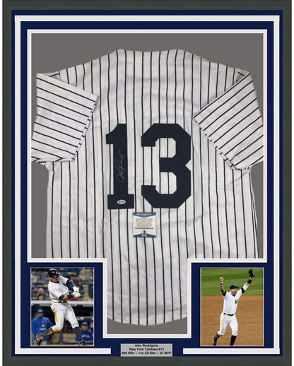 Framed Autographed/Signed Alex Rodriguez 35x39 New York Pinstripe Baseball Jersey Beckett BAS COA