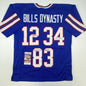 Autographed/Signed Jim Kelly Thurman Thomas Andre Reed Buffalo Dynasty Blue Football Jersey JSA COA