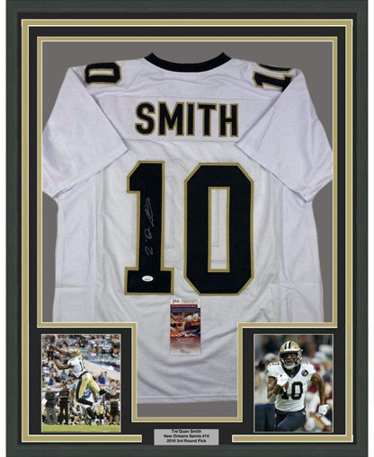 Framed Autographed/Signed Tre'Quan Smith 35x39 New Orleans White Football Jersey JSA COA