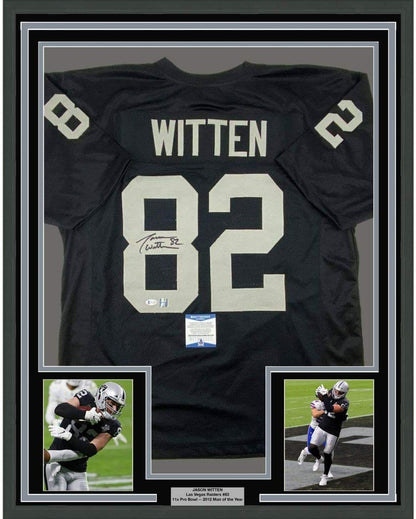 Framed Autographed/Signed Jason Witten 35x39 Las Vegas Oakland Black Football Jersey Beckett BAS COA
