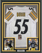 Framed Autographed/Signed Devin Bush 35x39 Pittsburgh White Football Jersey JSA COA