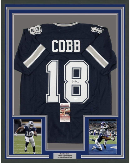 Framed Autographed/Signed Randall Cobb 35x39 Dallas Dark Blue Football Jersey JSA COA