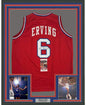 Framed Autographed/Signed Julius Erving Dr. J 35x39 Philadelphia Red Basketball Jersey JSA COA