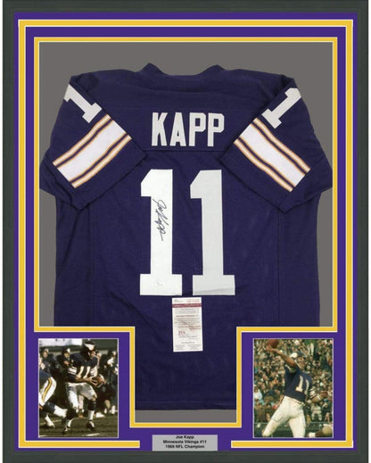 Framed Autographed/Signed Joe Kapp 35x39 Minnesota Purple Football Jersey JSA COA