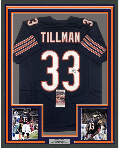Framed Autographed/Signed Charles Tillman Peanut 35x39 Chicago Blue Football Jersey JSA COA