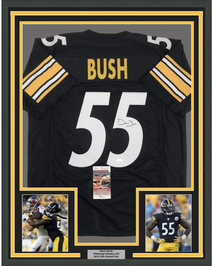 Framed Autographed/Signed Devin Bush 35x39 Pittsburgh Black Football Jersey JSA COA