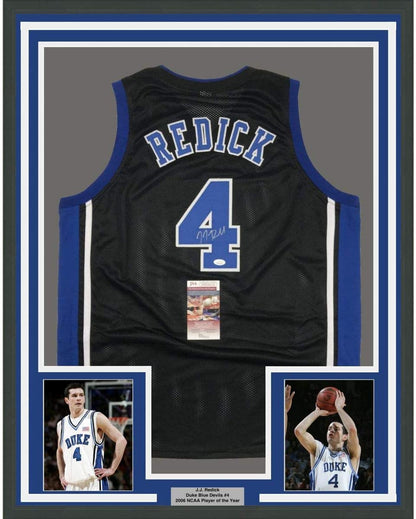 Framed Autographed/Signed JJ J.J. Redick 35x39 Duke Black College Basketball Jersey JSA COA