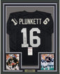 Framed Autographed/Signed Jim Plunkett 35x39 Oakland Black Football Jersey JSA COA