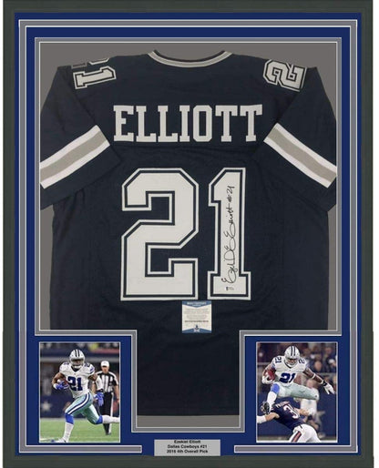 Framed Autographed/Signed Ezekiel Elliott 35x39 Dallas Dark Blue Football Jersey Beckett BAS COA