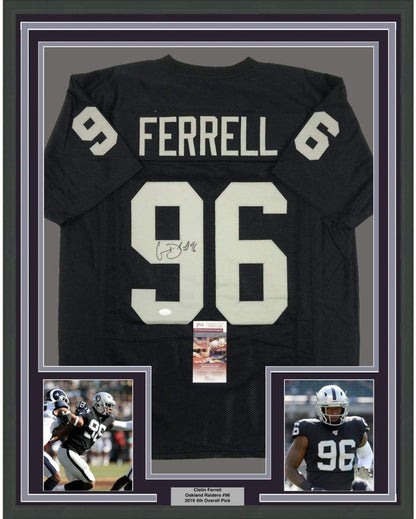Framed Autographed/Signed Clelin Ferrell 35x39 Oakland Black Football Jersey JSA COA