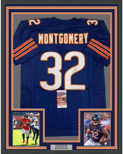 Framed Autographed/Signed David Montgomery 35x39 Chicago Blue Football Jersey JSA COA
