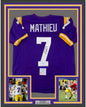 Framed Autographed/Signed Tyrann Mathieu Inscribed Honey Badger 35x39 LSU Purple College Football Jersey PSA/DNA COA