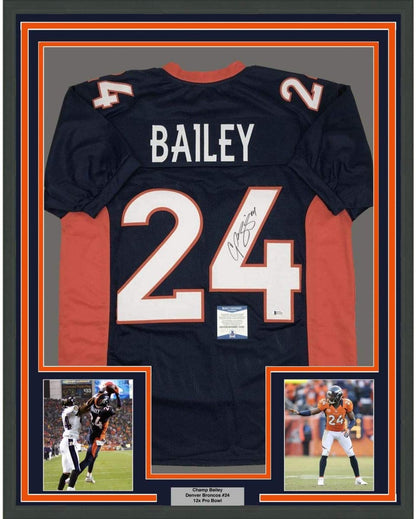 Framed Autographed/Signed Champ Bailey 35x39 Denver Blue Football Jersey Beckett BAS COA