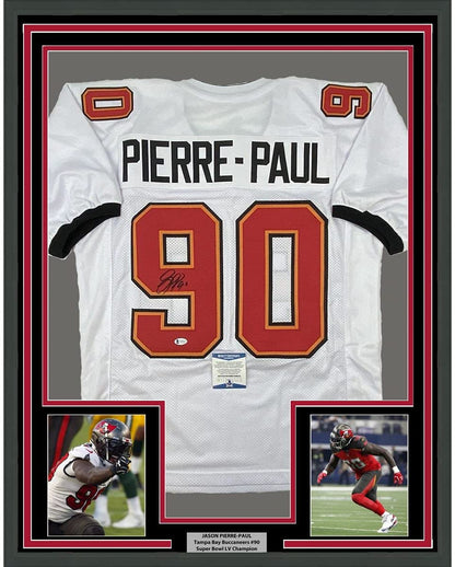 Framed Autographed/Signed Jason Pierre-Paul 35x39 Tampa Bay White Football Jersey Beckett BAS COA