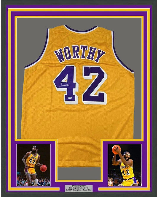 Framed Autographed/Signed James Worthy 35x39 Los Angeles LA Yellow Basketball Jersey Beckett BAS COA