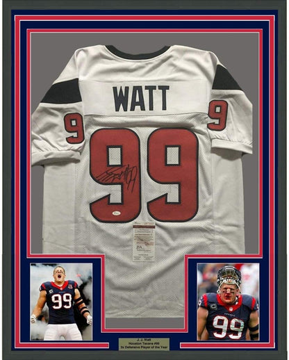 Framed Autographed/Signed J.J. JJ Watt 35x39 Houston White Football Jersey JSA COA