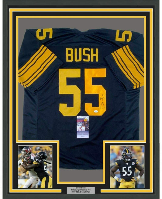Framed Autographed/Signed Devin Bush 35x39 Pittsburgh Color Rush Football Jersey JSA COA