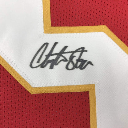 Framed Autographed/Signed Christian Okoye 35x39 Kansas City Red Football Jersey PSA/DNA COA
