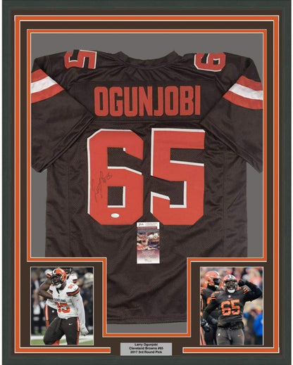 Framed Autographed/Signed Larry Ogunjobi 35x39 Cleveland Football Brown Jersey JSA COA