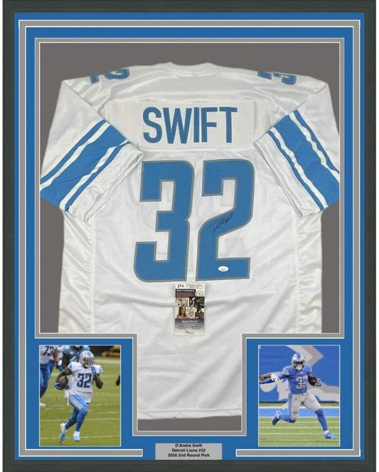 Framed Autographed/Signed D'Andre Swift 35x39 Detroit White Football Jersey JSA COA
