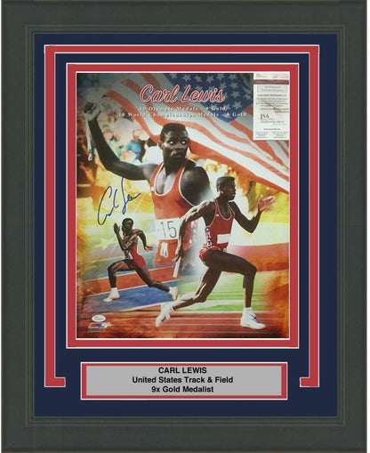 Framed Autographed/Signed Carl Lewis Track USA Olympics 9x Gold Medalist 16x20 Photo JSA COA