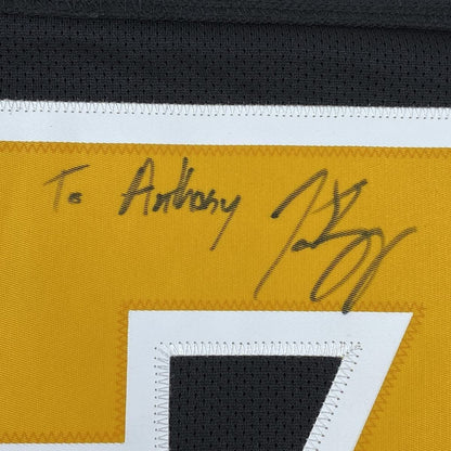 Framed Autographed/Signed Patrice 35x39 Bergeron Personalized To Anthony Boston Bruins Black Hockey Jersey JSA COA