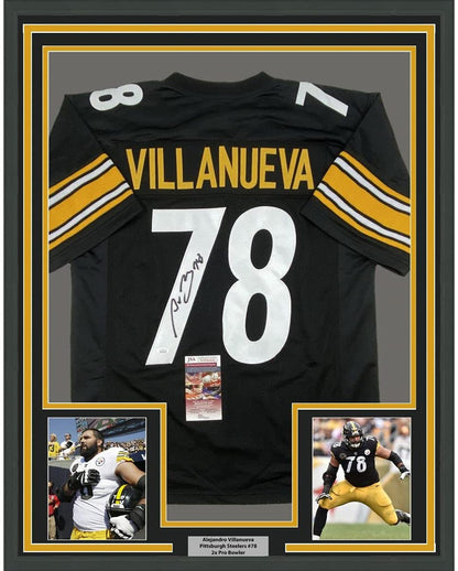 Framed Autographed/Signed Alejandro Villanueva 35x39 Pittsburgh Black Football Jersey JSA COA