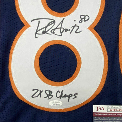 Framed Autographed/Signed Rod Smith 2x SB Champ 35x39 Denver Blue Football Jersey JSA COA