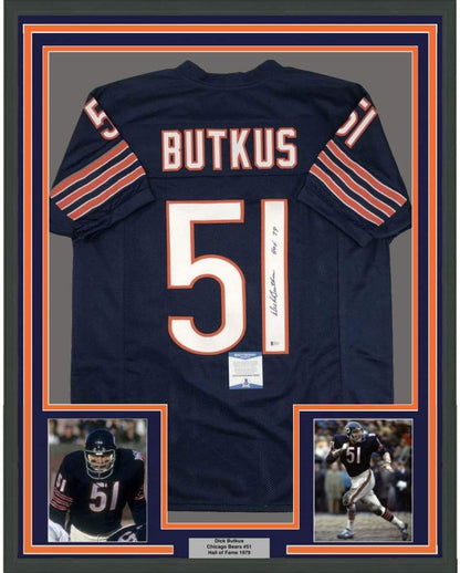 Framed Autographed/Signed Dick Butkus HOF 79 35x39 Chicago Blue Football Jersey Beckett BAS COA