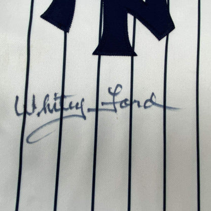 Framed Autographed/Signed Whitey Ford 35x39 New York Pinstripe Baseball Jersey PSA/DNA COA
