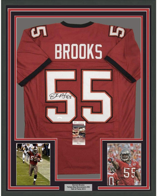 Framed Autographed/Signed Derrick Brooks 35x39 Tampa Bay Red Football Jersey JSA COA