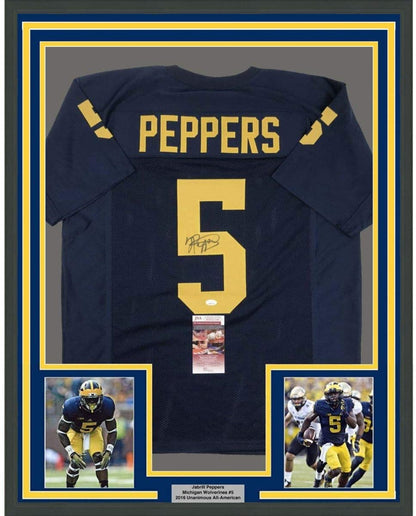 Framed Autographed/Signed Jabrill Peppers 35x39 Michigan Blue College Football Jersey JSA COA