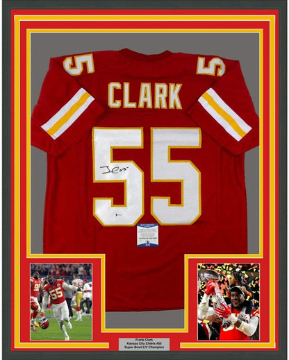 Framed Autographed/Signed Frank Clark 35x39 Kansas City Red Football Jersey PSA/DNA COA