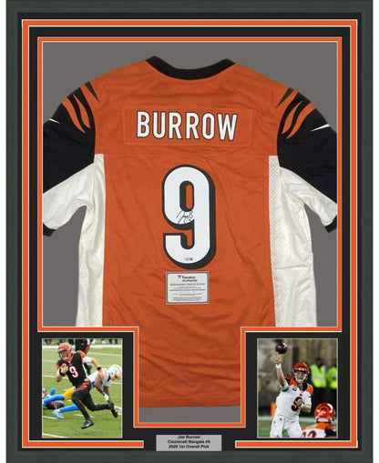 Framed Autographed/Signed Joe Burrow 35x39 Cincinnati Bengals Orange Authentic Nike Game Football Jersey Fanatics COA