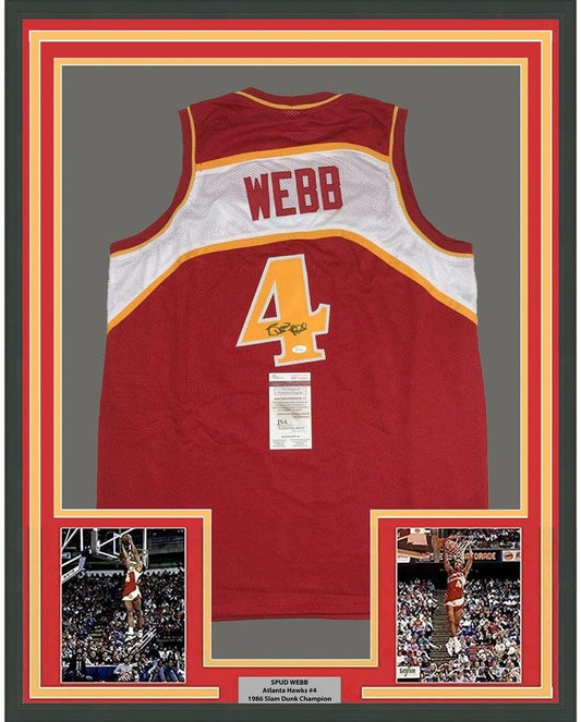 Framed Autographed/Signed Spud Webb 35x39 Atlanta Red Basketball Jersey JSA COA