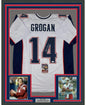 Framed Autographed/Signed Steve Grogan 35x39 New England White Modern Football Jersey JSA COA