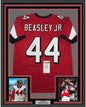 Framed Autographed/Signed Vic Beasley Jr. 35x39 Atlanta Red Football Jersey JSA COA