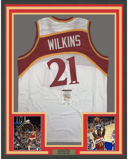 Framed Autographed/Signed Dominique Wilkins 35x39 Atlanta White Basketball Jersey JSA COA